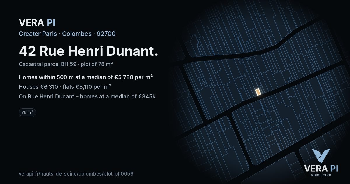 42 Rue Henri Dunant, Colombes at night – the plot lit, the parcels around coloured by the prices near them