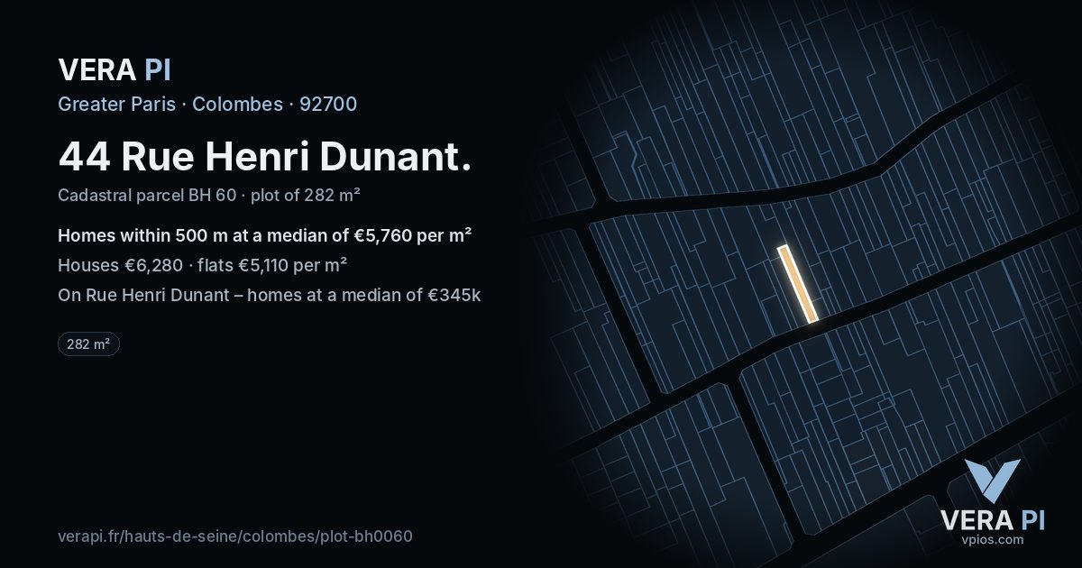 44 Rue Henri Dunant, Colombes at night – the plot lit, the parcels around coloured by the prices near them