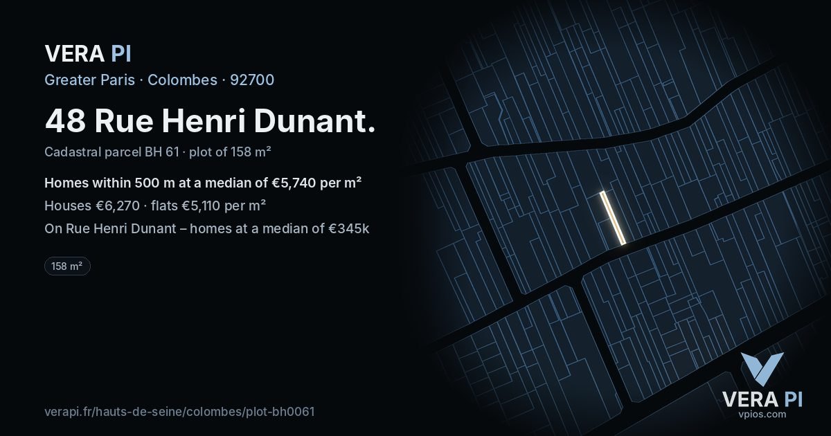 48 Rue Henri Dunant, Colombes at night – the plot lit, the parcels around coloured by the prices near them