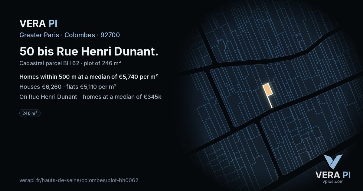 50 bis Rue Henri Dunant, Colombes at night – the plot lit, the parcels around coloured by the prices near them