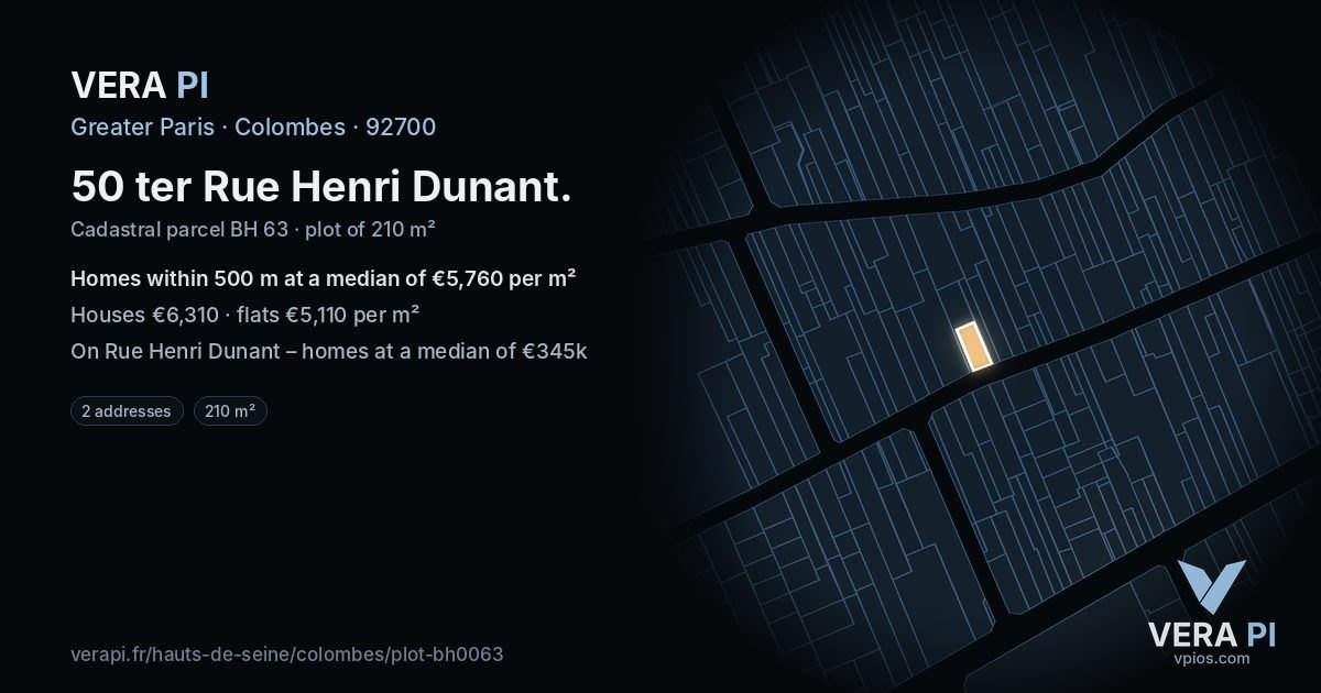50 ter Rue Henri Dunant, Colombes at night – the plot lit, the parcels around coloured by the prices near them