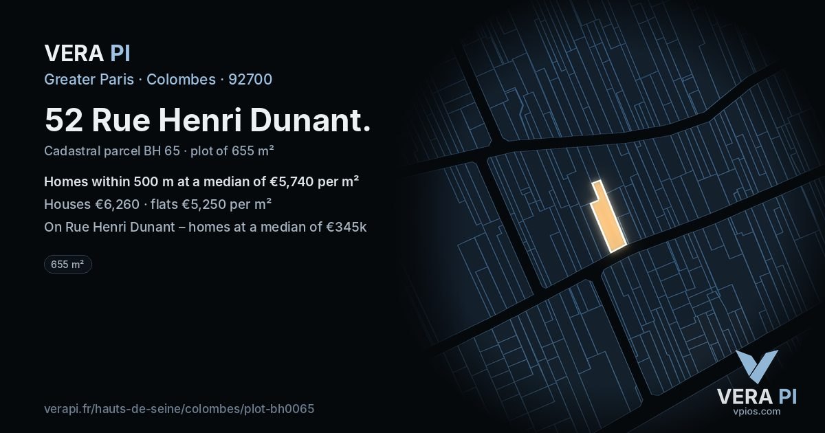 52 Rue Henri Dunant, Colombes at night – the plot lit, the parcels around coloured by the prices near them