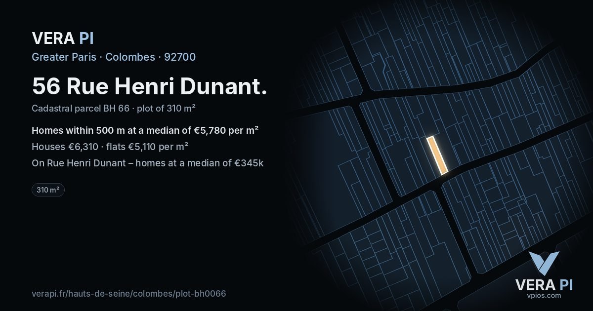 56 Rue Henri Dunant, Colombes at night – the plot lit, the parcels around coloured by the prices near them