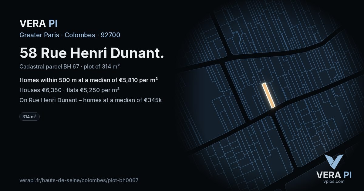 58 Rue Henri Dunant, Colombes at night – the plot lit, the parcels around coloured by the prices near them