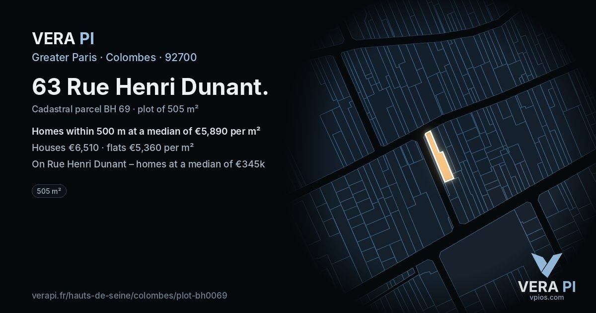 63 Rue Henri Dunant, Colombes at night – the plot lit, the parcels around coloured by the prices near them