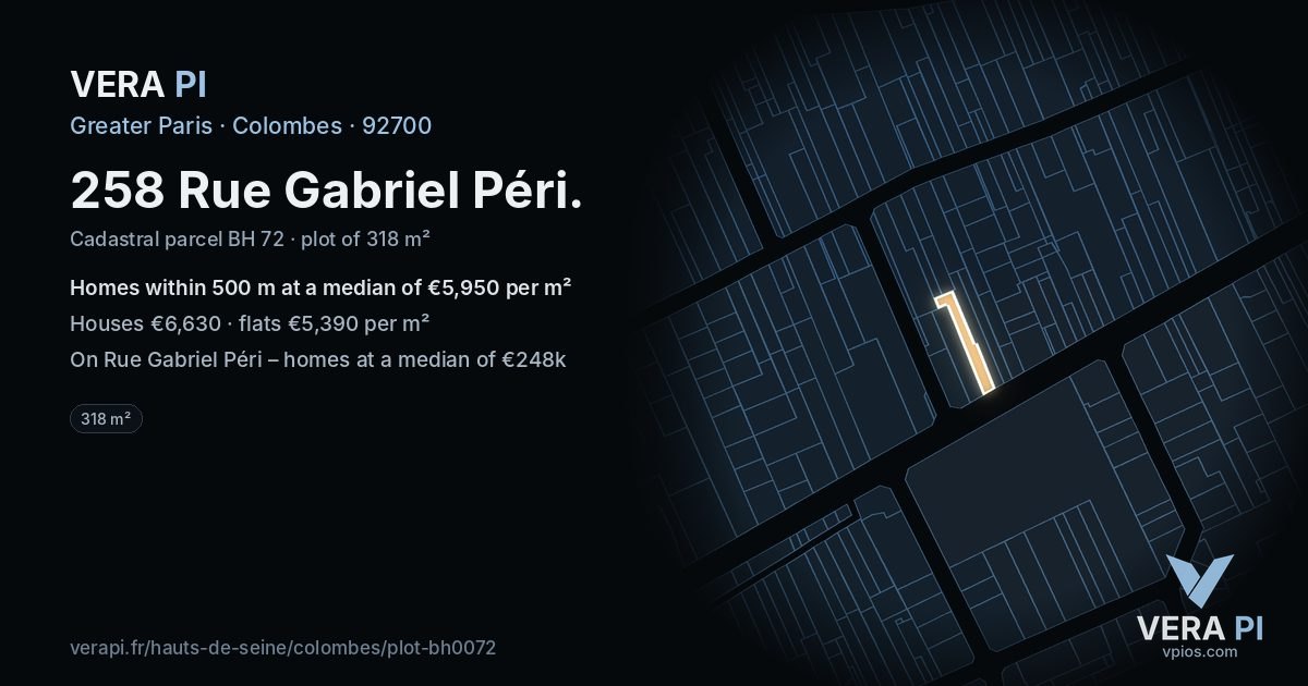 258 Rue Gabriel Péri, Colombes at night – the plot lit, the parcels around coloured by the prices near them