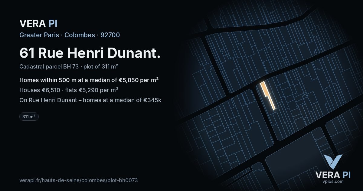 61 Rue Henri Dunant, Colombes at night – the plot lit, the parcels around coloured by the prices near them