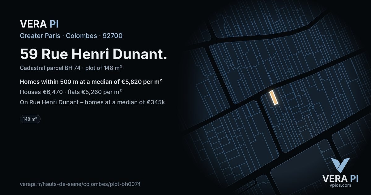 59 Rue Henri Dunant, Colombes at night – the plot lit, the parcels around coloured by the prices near them