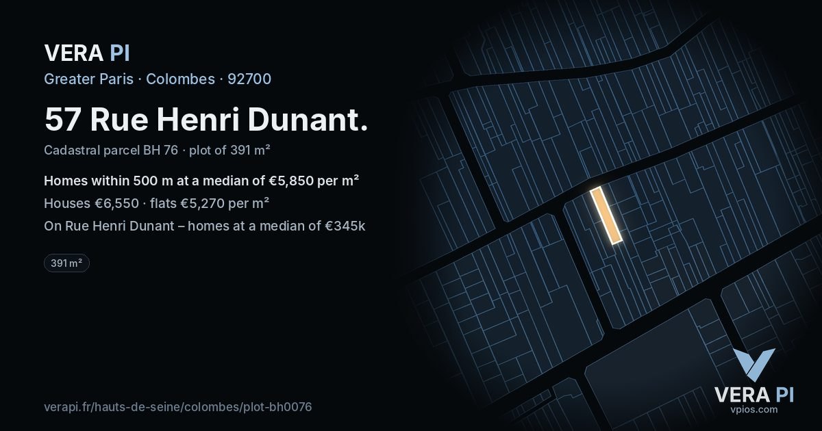 57 Rue Henri Dunant, Colombes at night – the plot lit, the parcels around coloured by the prices near them