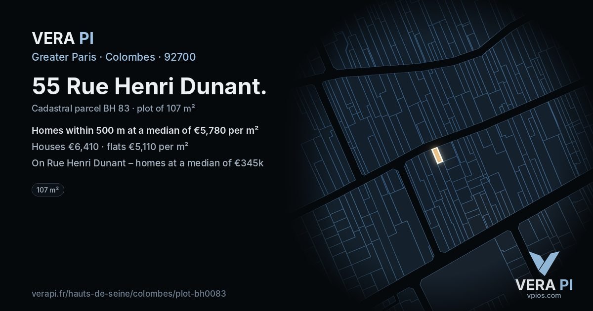 55 Rue Henri Dunant, Colombes at night – the plot lit, the parcels around coloured by the prices near them