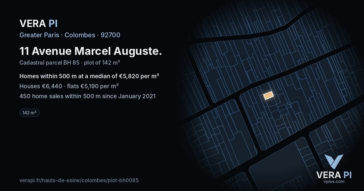 11 Avenue Marcel Auguste, Colombes at night – the plot lit, the parcels around coloured by the prices near them