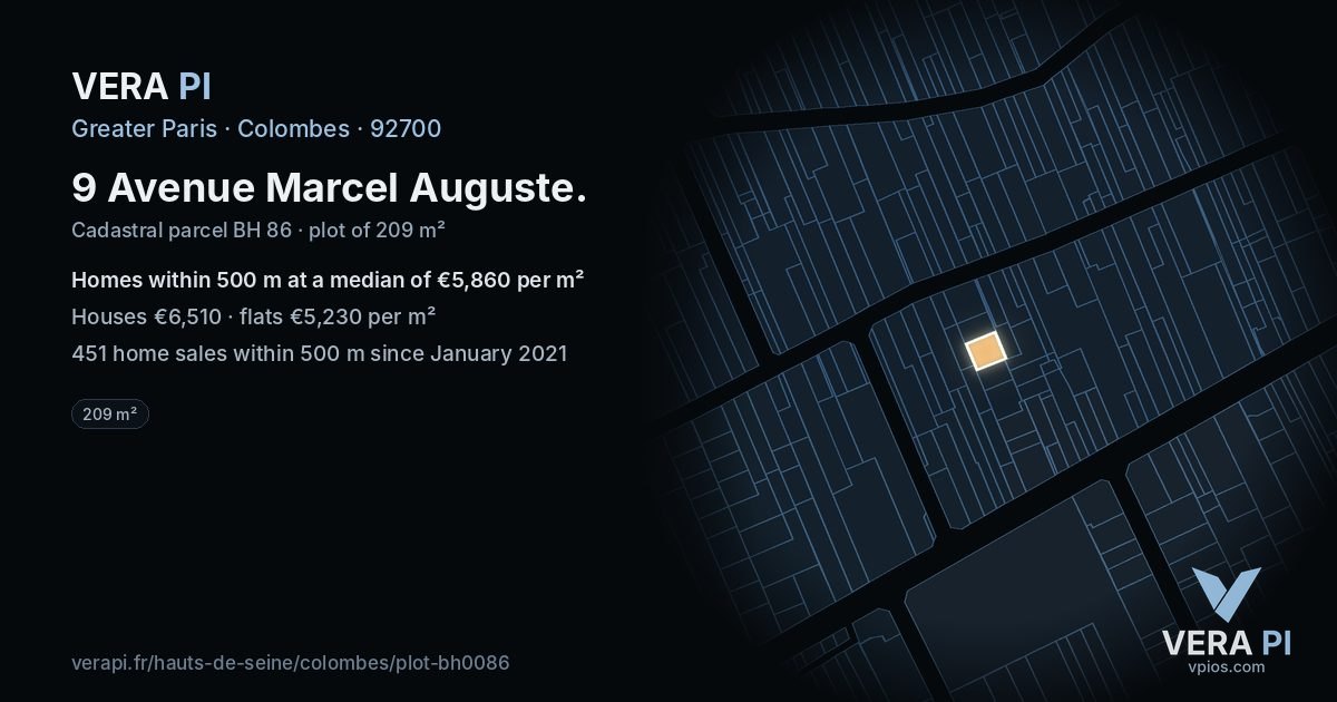 9 Avenue Marcel Auguste, Colombes at night – the plot lit, the parcels around coloured by the prices near them