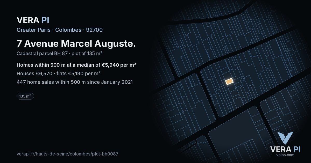 7 Avenue Marcel Auguste, Colombes at night – the plot lit, the parcels around coloured by the prices near them