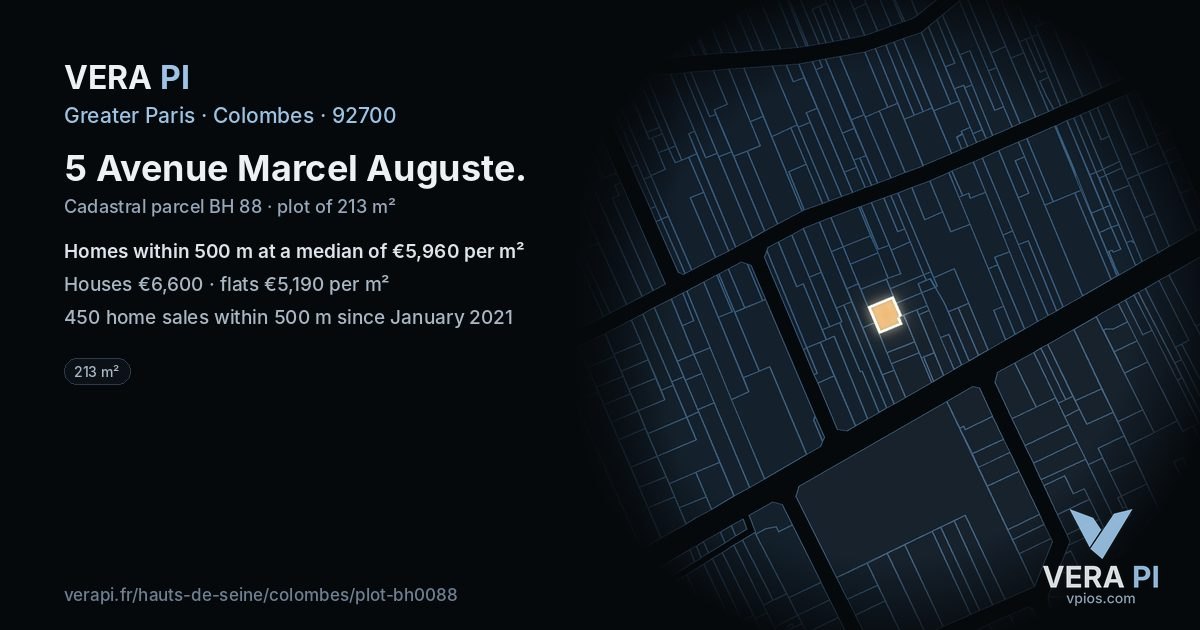 5 Avenue Marcel Auguste, Colombes at night – the plot lit, the parcels around coloured by the prices near them