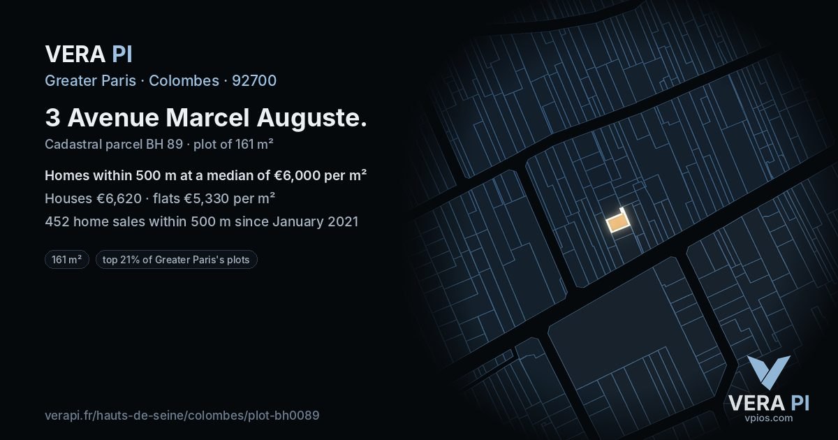 3 Avenue Marcel Auguste, Colombes at night – the plot lit, the parcels around coloured by the prices near them
