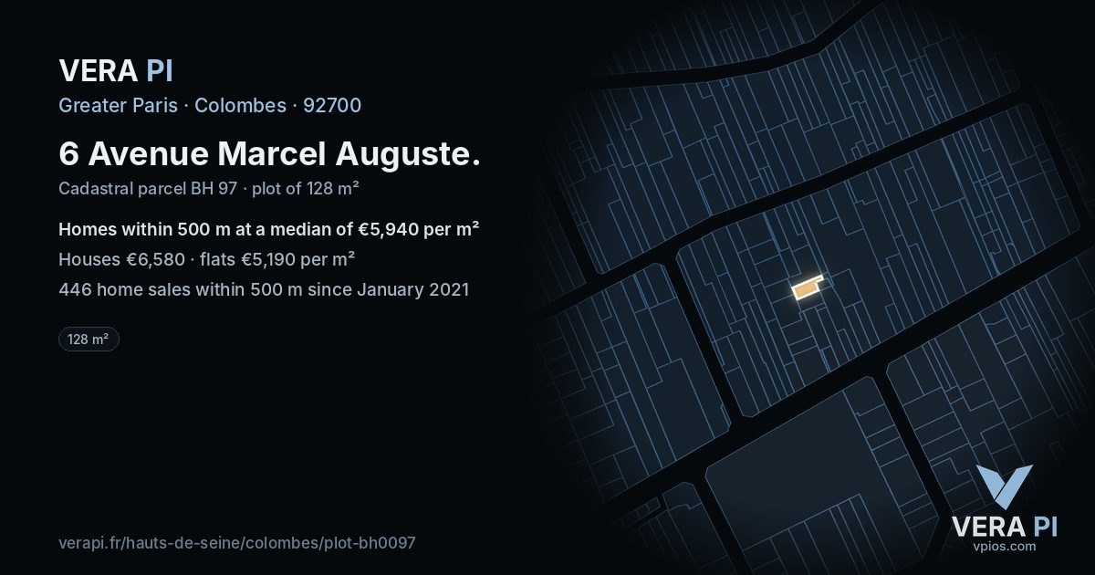 6 Avenue Marcel Auguste, Colombes at night – the plot lit, the parcels around coloured by the prices near them
