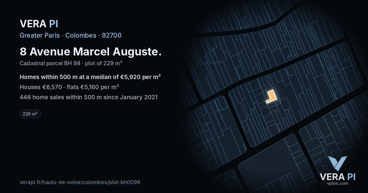8 Avenue Marcel Auguste, Colombes at night – the plot lit, the parcels around coloured by the prices near them