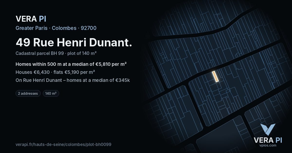 49 Rue Henri Dunant, Colombes at night – the plot lit, the parcels around coloured by the prices near them