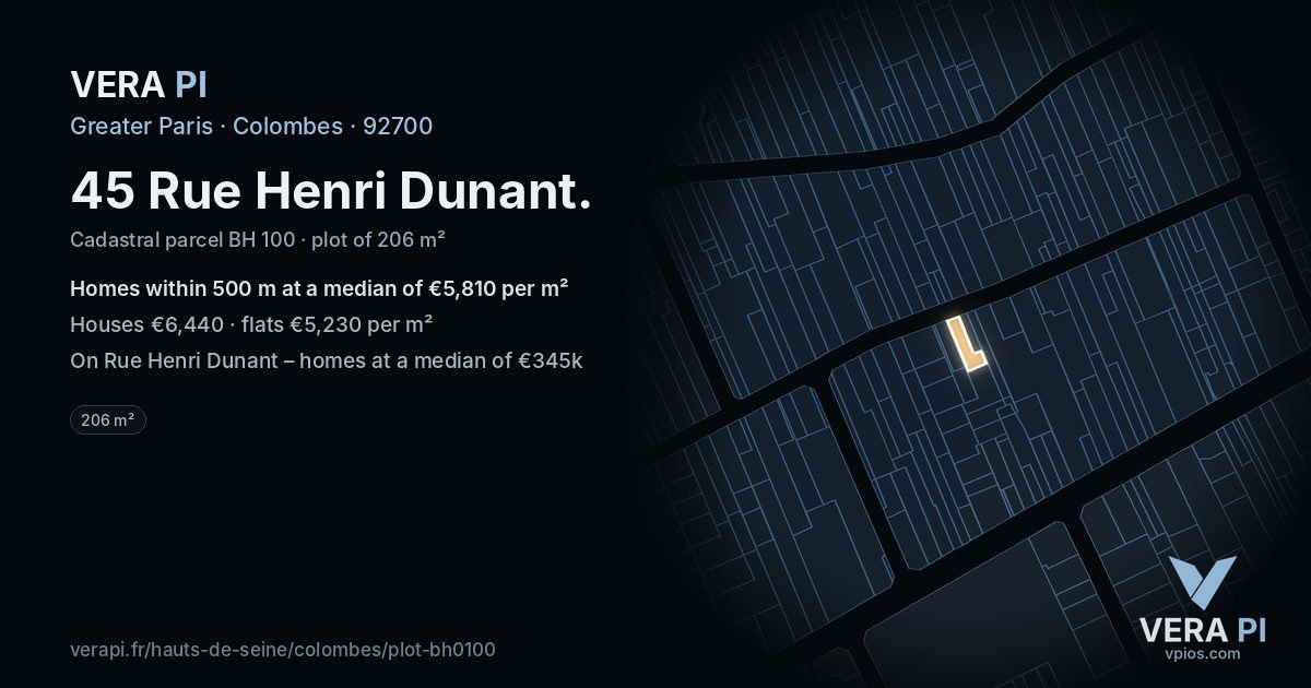 45 Rue Henri Dunant, Colombes at night – the plot lit, the parcels around coloured by the prices near them