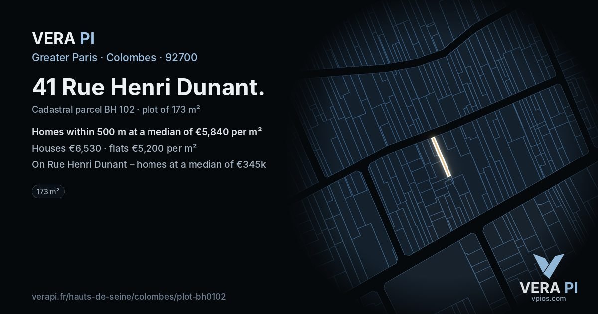 41 Rue Henri Dunant, Colombes at night – the plot lit, the parcels around coloured by the prices near them