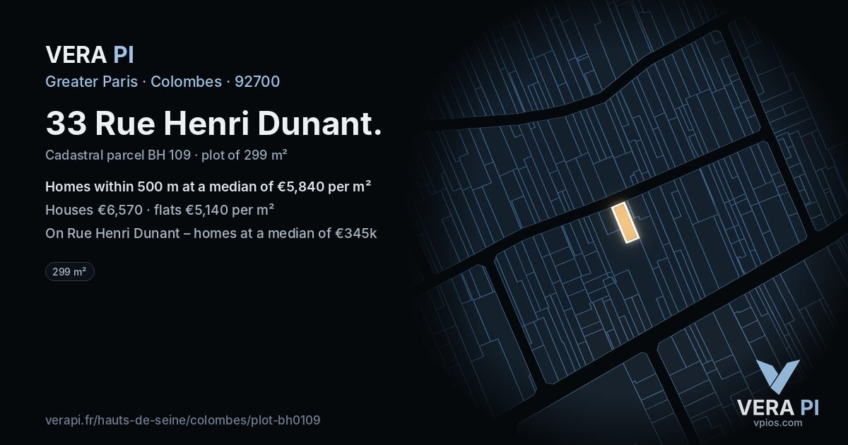 33 Rue Henri Dunant, Colombes at night – the plot lit, the parcels around coloured by the prices near them