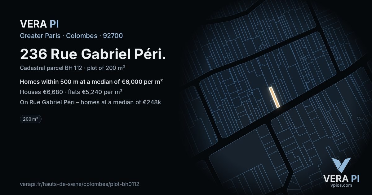 236 Rue Gabriel Péri, Colombes at night – the plot lit, the parcels around coloured by the prices near them