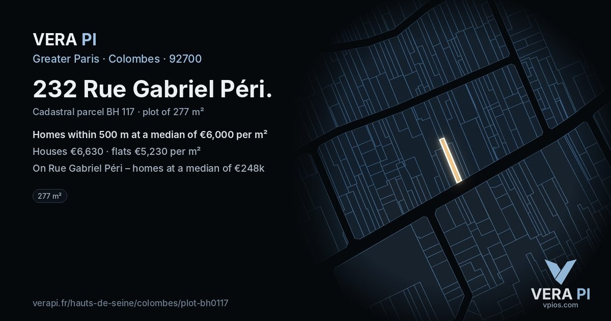 232 Rue Gabriel Péri, Colombes at night – the plot lit, the parcels around coloured by the prices near them