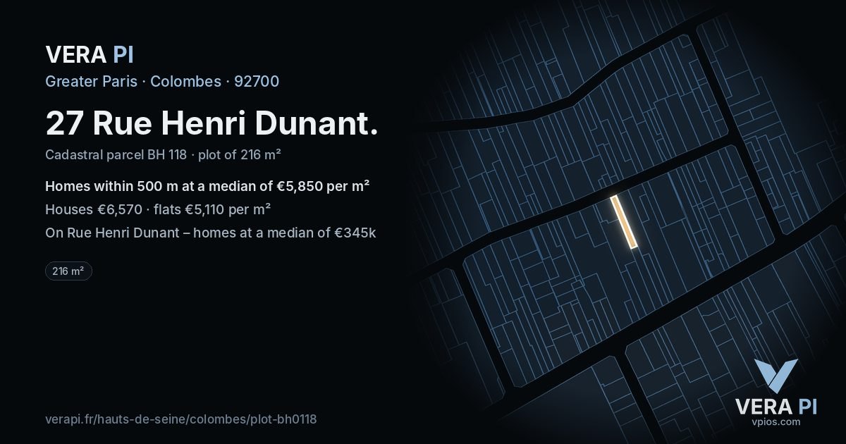 27 Rue Henri Dunant, Colombes at night – the plot lit, the parcels around coloured by the prices near them