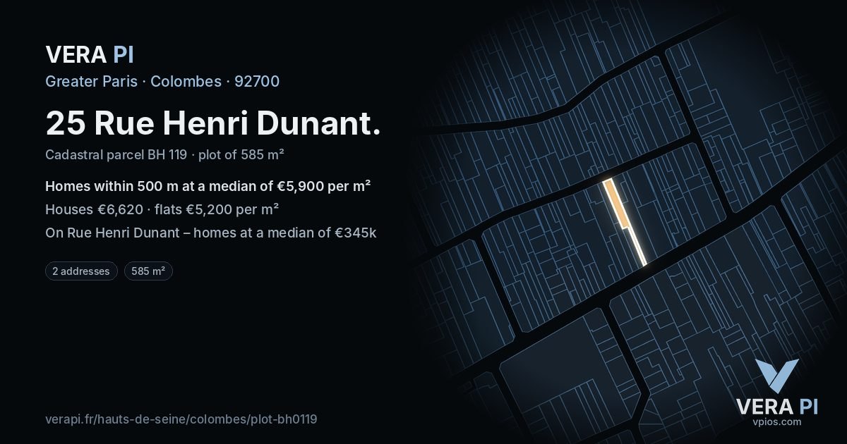25 Rue Henri Dunant, Colombes at night – the plot lit, the parcels around coloured by the prices near them