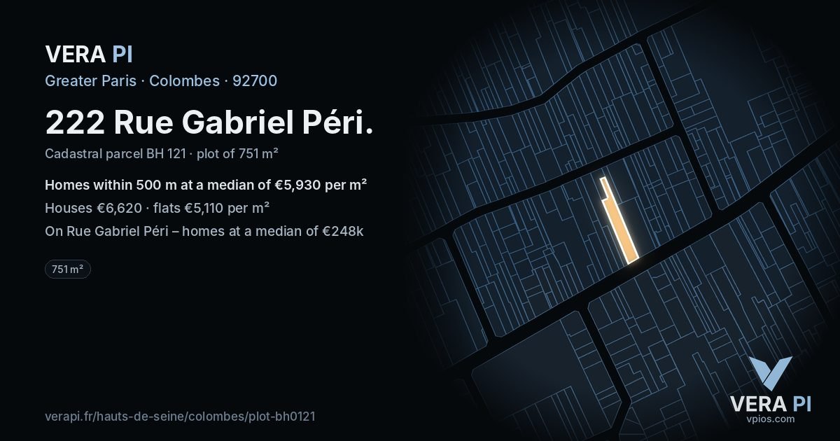 222 Rue Gabriel Péri, Colombes at night – the plot lit, the parcels around coloured by the prices near them