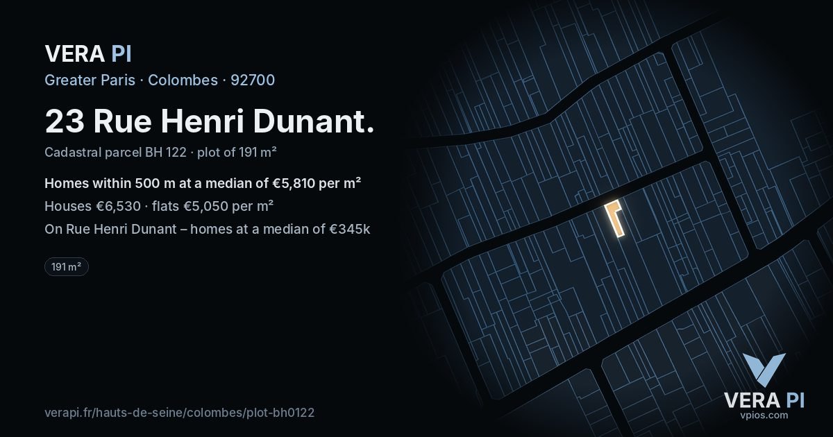 23 Rue Henri Dunant, Colombes at night – the plot lit, the parcels around coloured by the prices near them