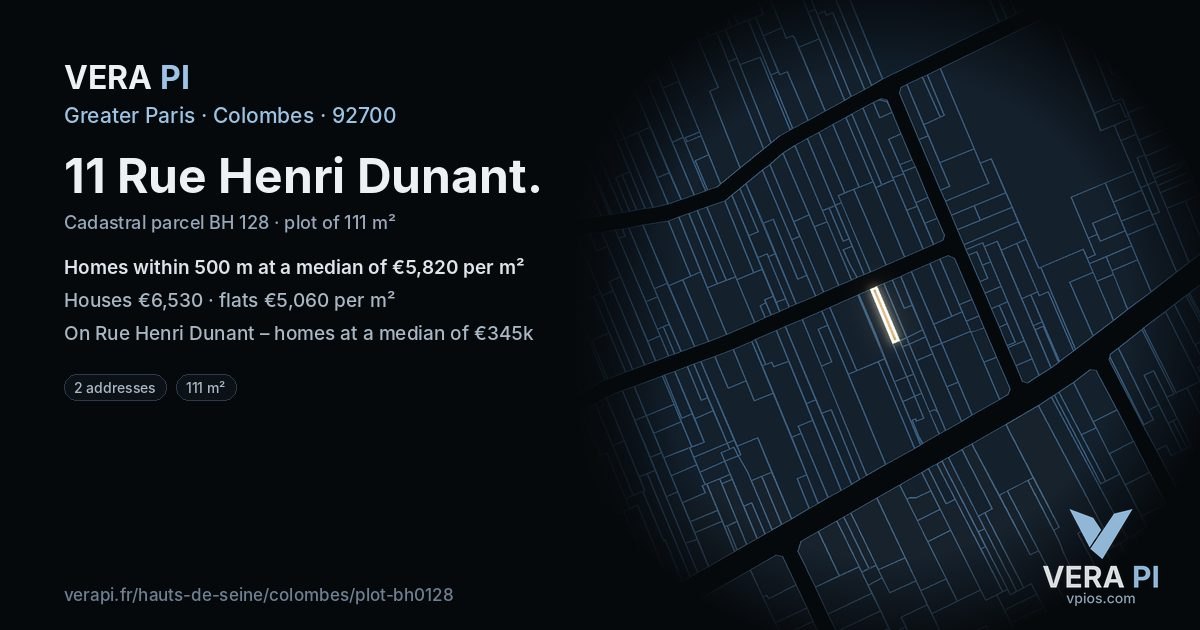 11 Rue Henri Dunant, Colombes at night – the plot lit, the parcels around coloured by the prices near them