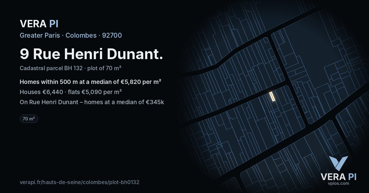 9 Rue Henri Dunant, Colombes at night – the plot lit, the parcels around coloured by the prices near them