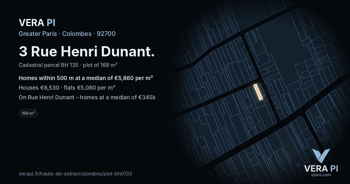 3 Rue Henri Dunant, Colombes at night – the plot lit, the parcels around coloured by the prices near them