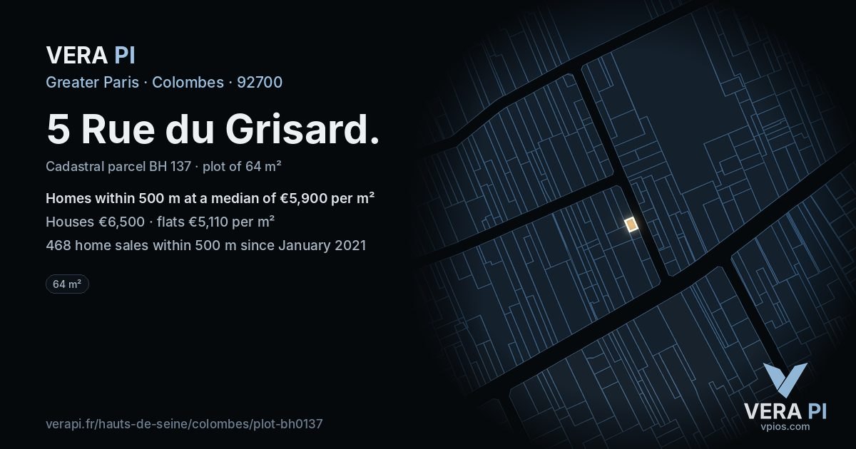 5 Rue du Grisard, Colombes at night – the plot lit, the parcels around coloured by the prices near them