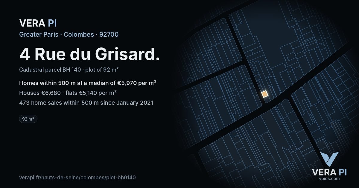 4 Rue du Grisard, Colombes at night – the plot lit, the parcels around coloured by the prices near them