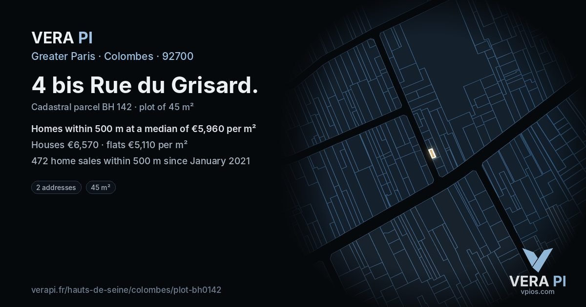 4 bis Rue du Grisard, Colombes at night – the plot lit, the parcels around coloured by the prices near them