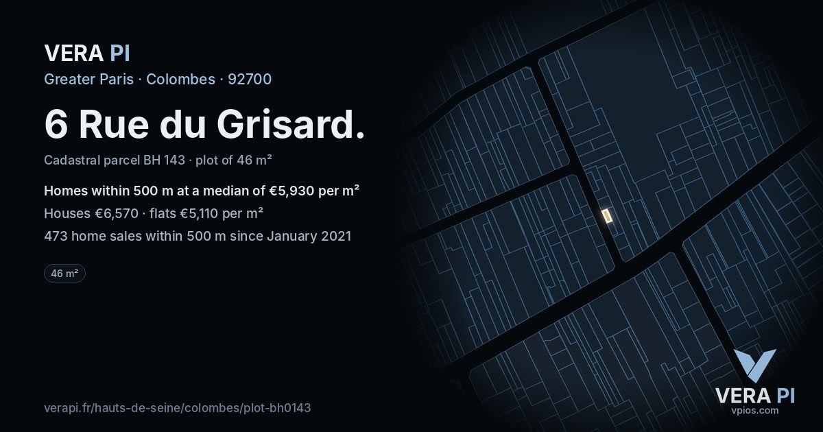 6 Rue du Grisard, Colombes at night – the plot lit, the parcels around coloured by the prices near them