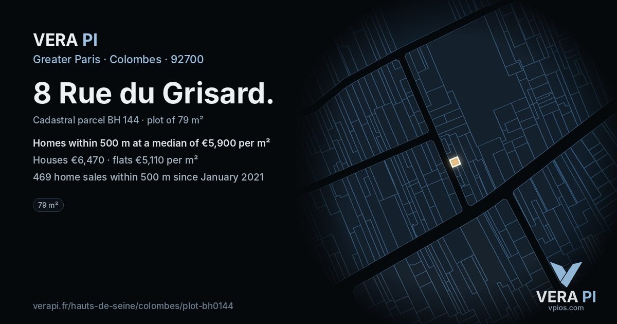 8 Rue du Grisard, Colombes at night – the plot lit, the parcels around coloured by the prices near them
