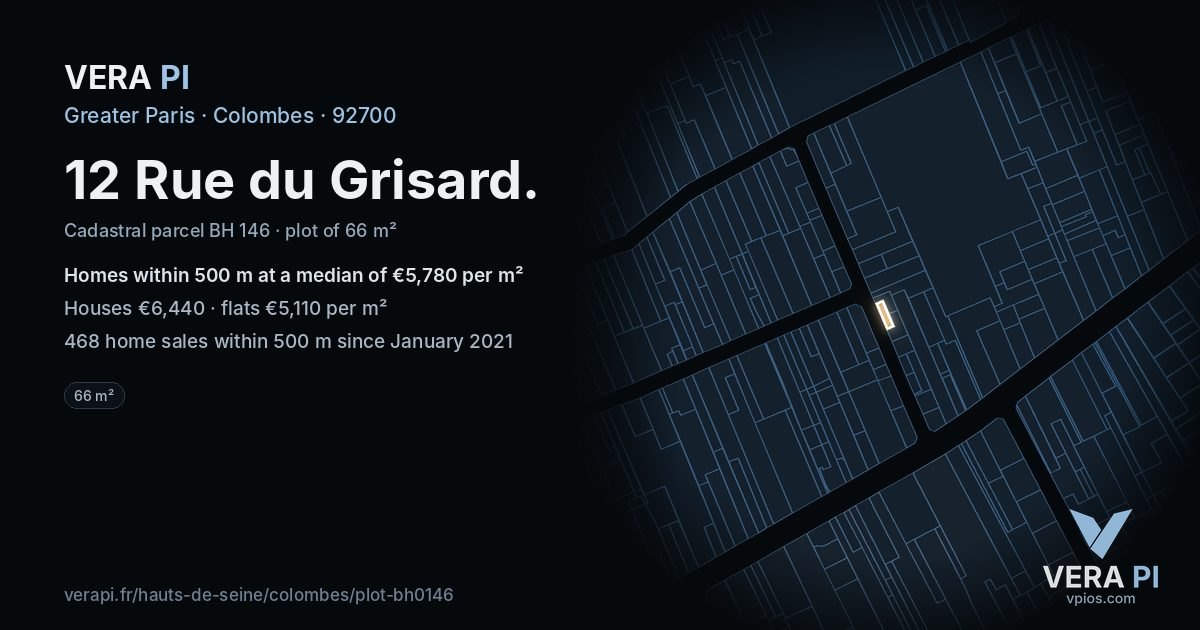 12 Rue du Grisard, Colombes at night – the plot lit, the parcels around coloured by the prices near them