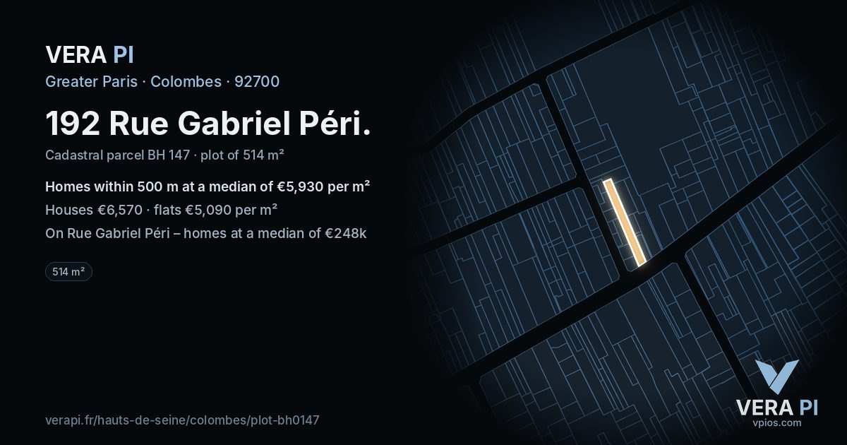 192 Rue Gabriel Péri, Colombes at night – the plot lit, the parcels around coloured by the prices near them