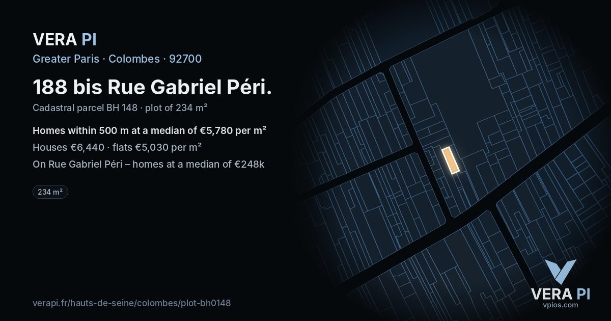 188 bis Rue Gabriel Péri, Colombes at night – the plot lit, the parcels around coloured by the prices near them