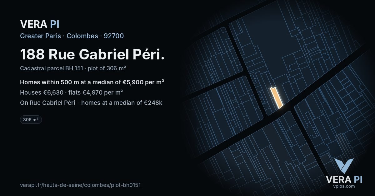 188 Rue Gabriel Péri, Colombes at night – the plot lit, the parcels around coloured by the prices near them