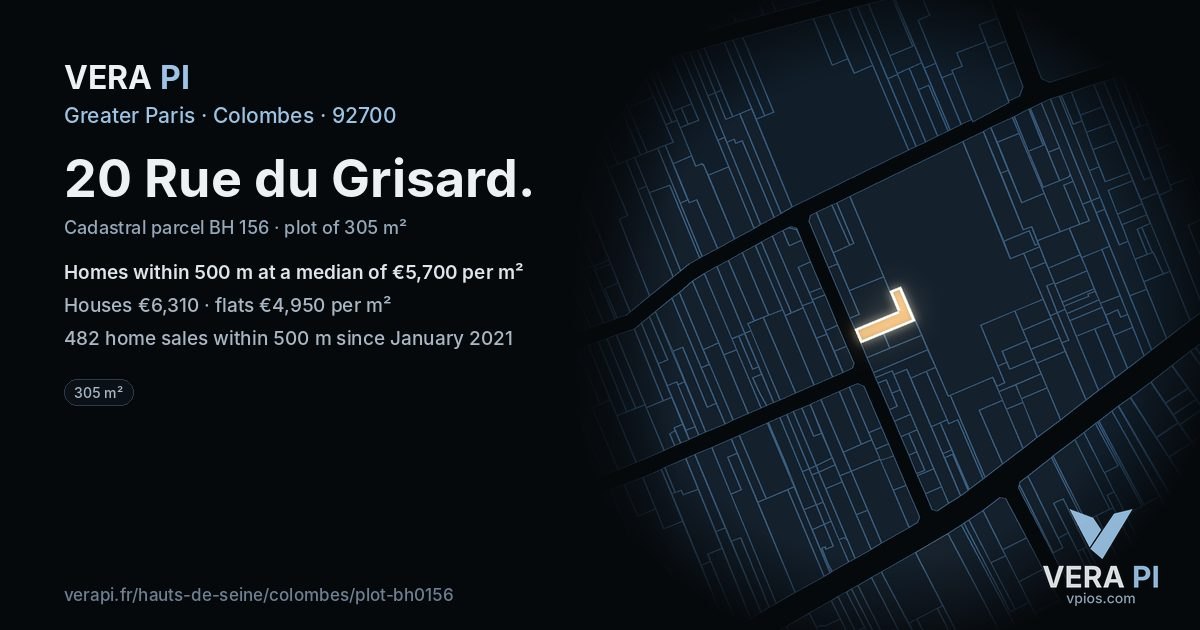 20 Rue du Grisard, Colombes at night – the plot lit, the parcels around coloured by the prices near them