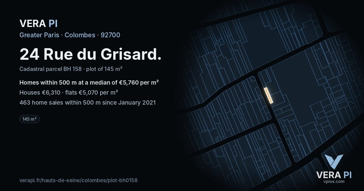 24 Rue du Grisard, Colombes at night – the plot lit, the parcels around coloured by the prices near them