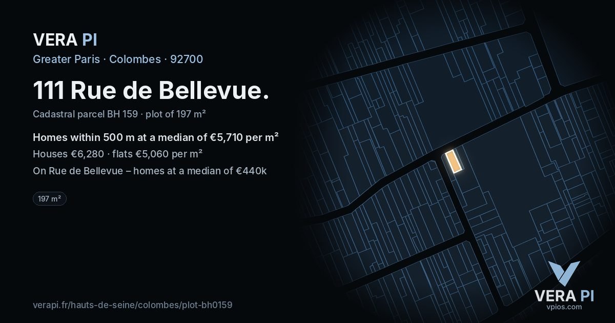 111 Rue de Bellevue, Colombes at night – the plot lit, the parcels around coloured by the prices near them