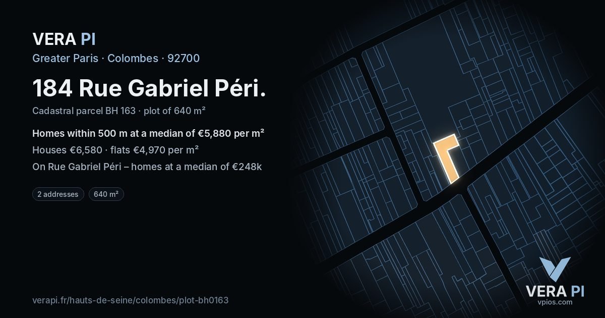 184 Rue Gabriel Péri, Colombes at night – the plot lit, the parcels around coloured by the prices near them