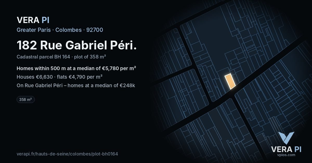182 Rue Gabriel Péri, Colombes at night – the plot lit, the parcels around coloured by the prices near them
