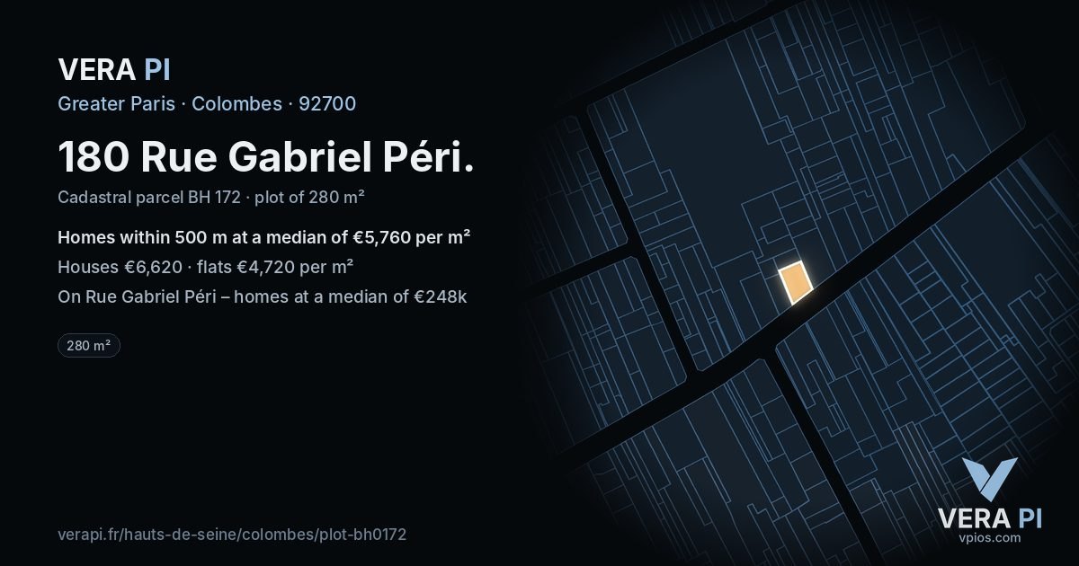 180 Rue Gabriel Péri, Colombes at night – the plot lit, the parcels around coloured by the prices near them