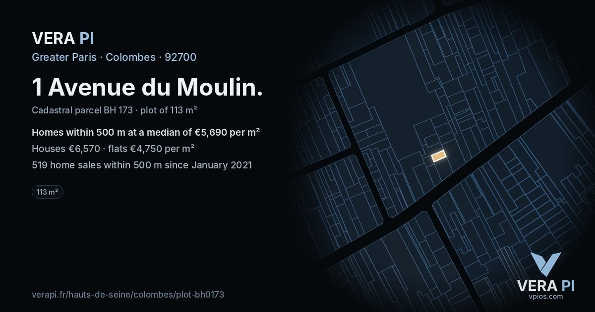 1 Avenue du Moulin, Colombes at night – the plot lit, the parcels around coloured by the prices near them